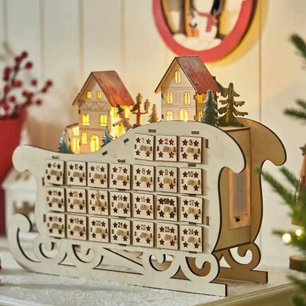 Wooden advent calendar 2025 – glowing Christmas village