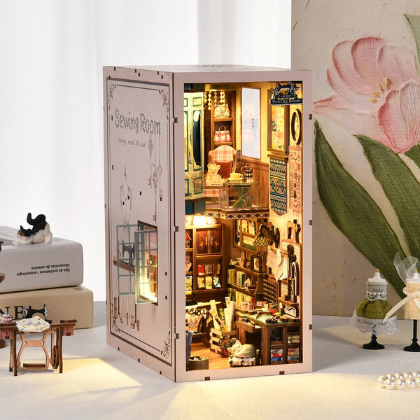 Sewing Room book nook kit – pink DIY miniature tailor's shop for a bookshelf