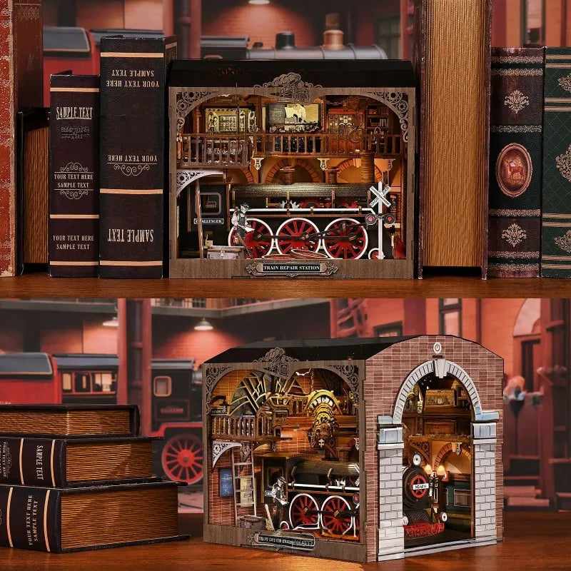 3D Holz Puzzle Book Nook - Stazione di Riparazione Treni