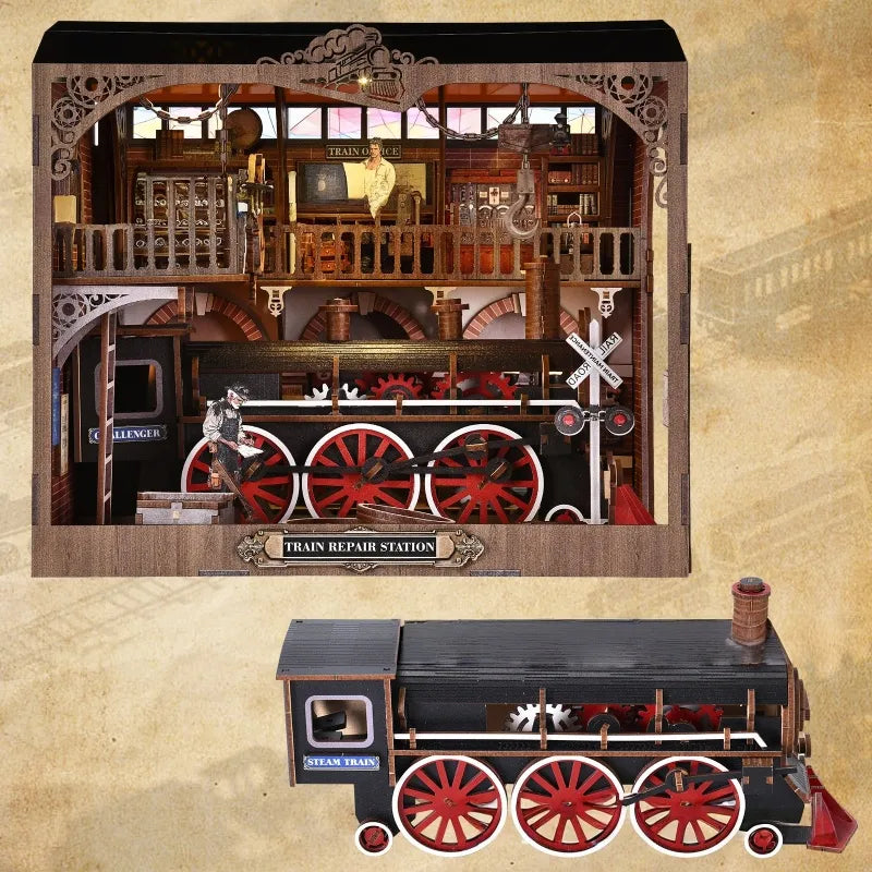 3D Holz Puzzle Book Nook - Stazione di Riparazione Treni