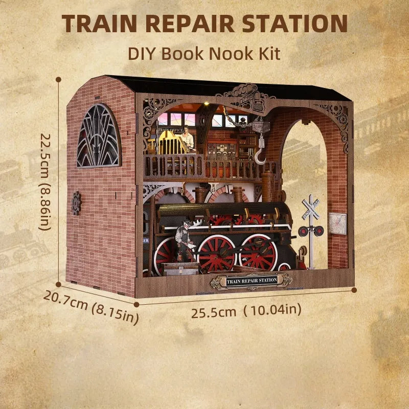 3D Holz Puzzle Book Nook - Stazione di Riparazione Treni