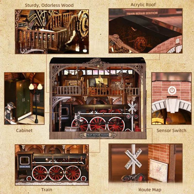 3D Holz Puzzle Book Nook - Stazione di Riparazione Treni