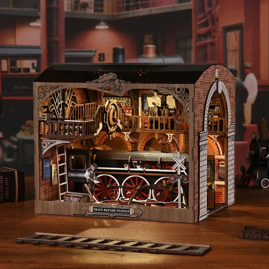 3D Holz Puzzle Book Nook - Stazione di Riparazione Treni