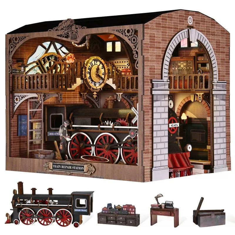 3D Holz Puzzle Book Nook - Stazione di Riparazione Treni