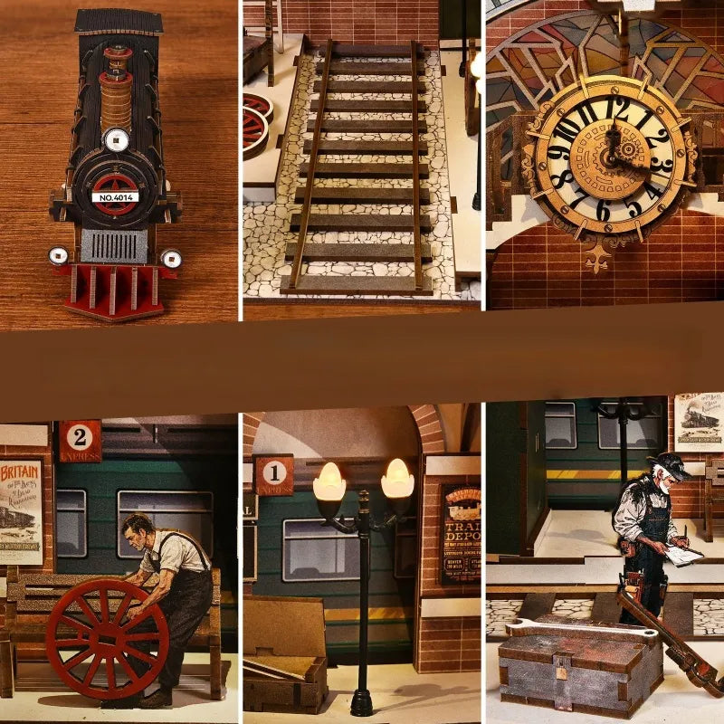 3D Holz Puzzle Book Nook - Stazione di Riparazione Treni