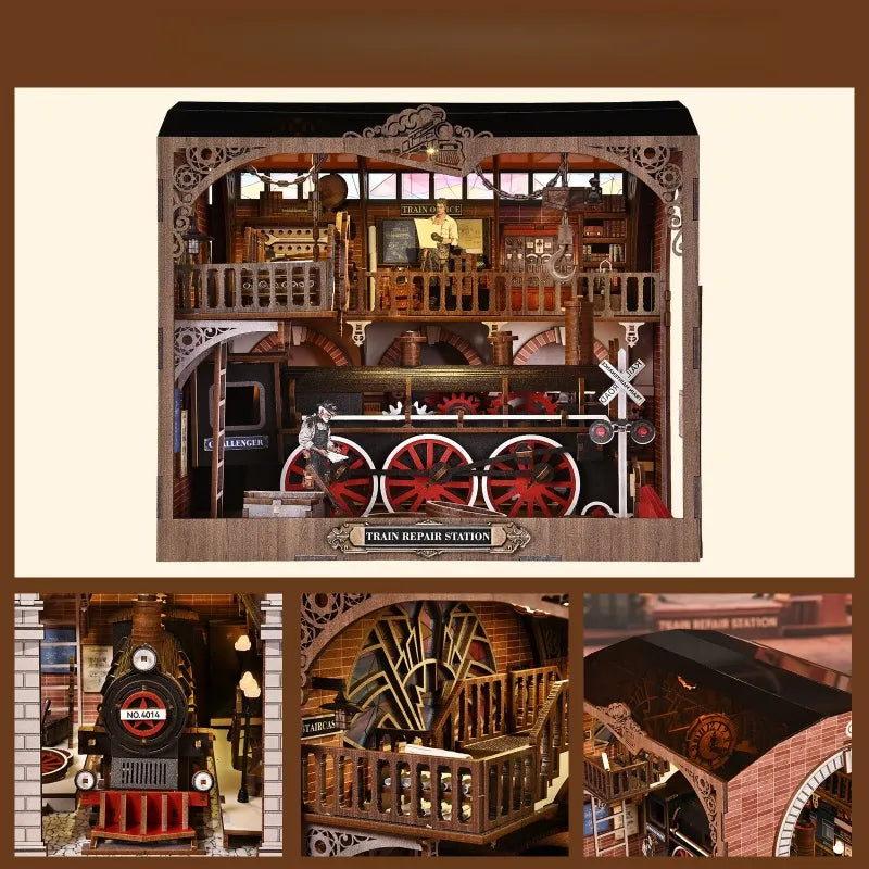 3D Holz Puzzle Book Nook - Stazione di Riparazione Treni